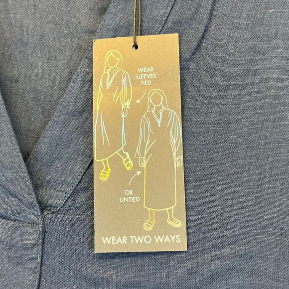 NWT TAHARI Linen Dress Sz Large Navy Blue 2-Way Wear Midi Long Sleeve Collared - Picture 5 of 12